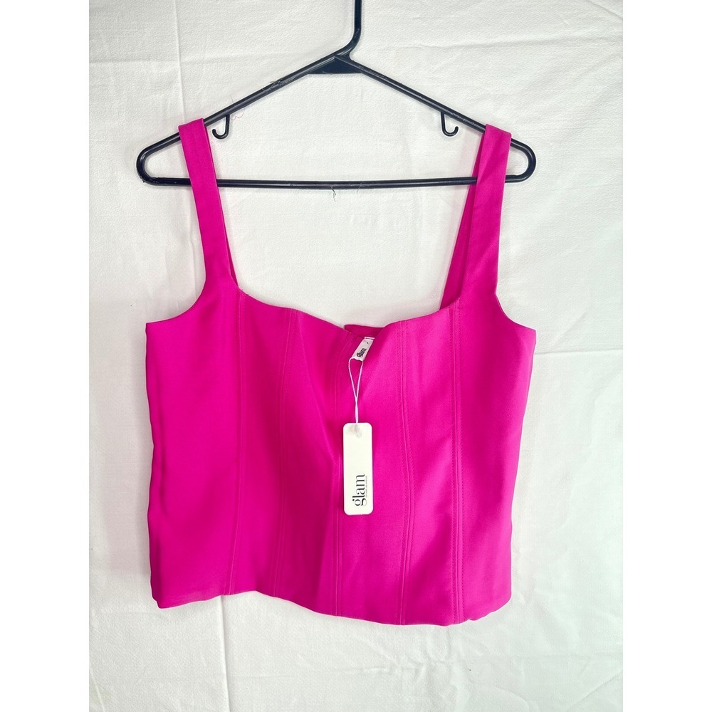NWT Glam Bright hot Pink Corset Top Square Neck Sleeveless‎ Zip Back Size L